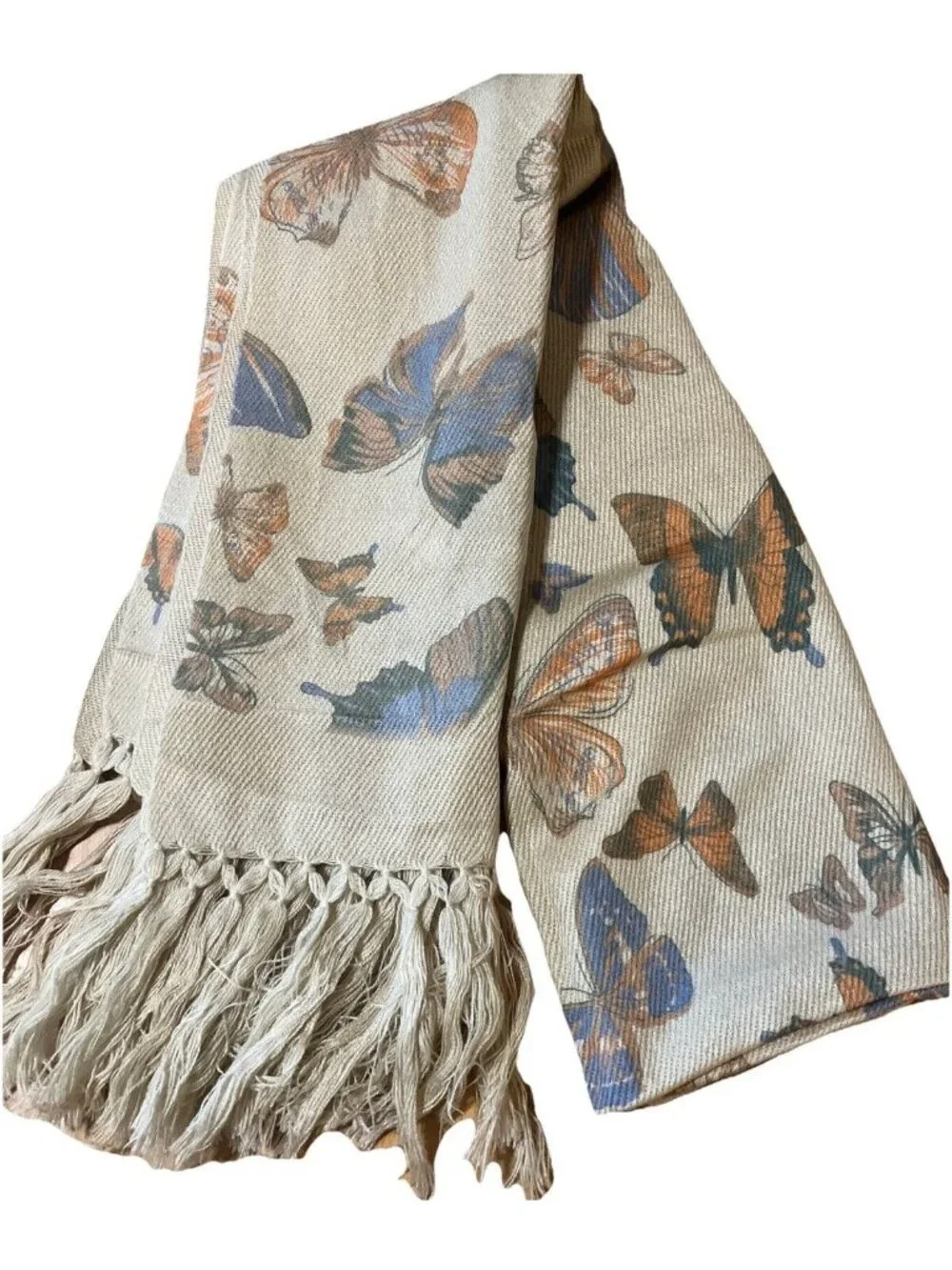 Buttery Fly Scarf 28x36in Tan With Multi Colored Butterflies